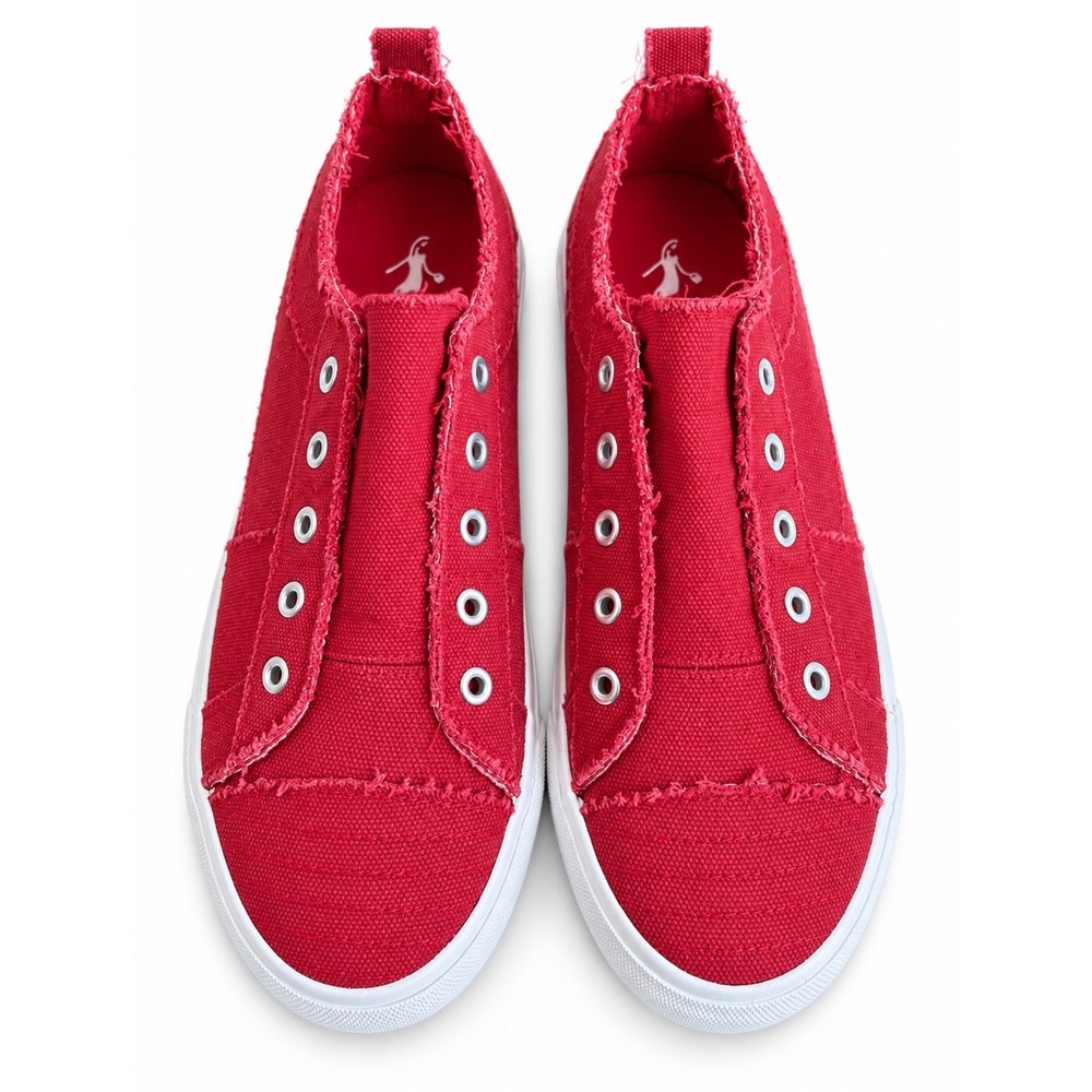 Corkys Babalu Women Red Frayed Canvas Slip On Sneakers Laceless Low Top Size 10